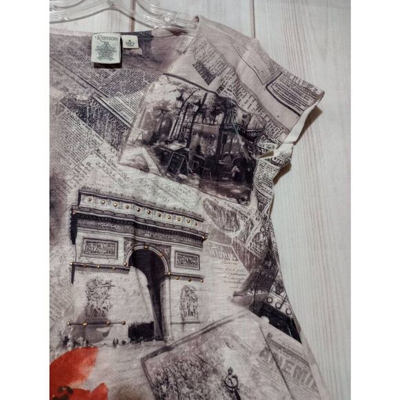 Ransom Shirt Ladies Medium Gray Red Floral Short Sleeve Paris Embellished Lace T - Picture 5 of 7